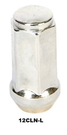 Item ID 28933L , 12CLN-L Hex Wheel Nut, 60° Cone, 1/2"-20, 3/4" Hex, Acorn Style, 1.75" Long, Chrome