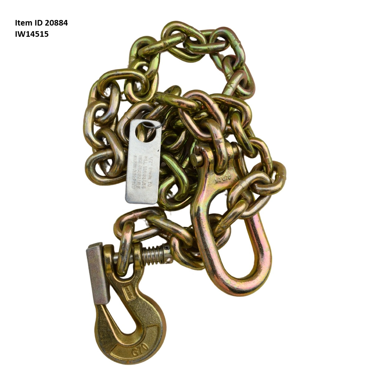 Item ID 20884 , IW14515 Safety Chain Assembly 0.5 GR70 Chain w/ ^6T Hook 15 link