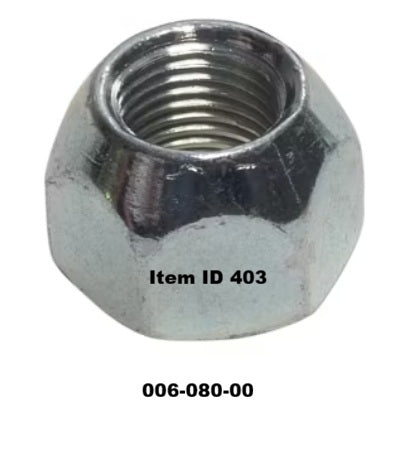 Item ID 403 , Hex Wheel Nut, 60° Cone, 1/2"-20 ID, 13/16" OD, Right Hand Thread