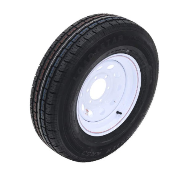 Item ID 63217 , OTR6531052A10S TIRE & WHEEL ASSEMBLY ST225/75R15 "E" ON WHITE MOD 5 ON 4.5