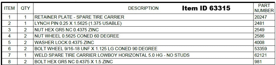 Item ID 63315 , 63315 KIT - SPARE TIRE CARRIER 8 0N 6.5 LOWBOY HORIZONTAL 5.0 HG w/ MOUNTING HARDWARE - BLACK