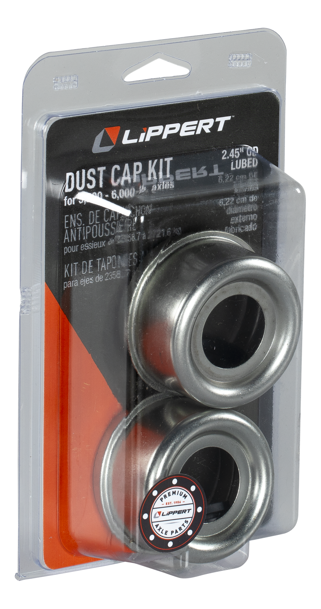 Item ID 66346 , 2023134662 Lippert Standard Press-In Dust Cap with Rubber Plug - 2.45" Diameter, 5,200 to 6,000-lb. Axles, Super Lube (2-Pack)