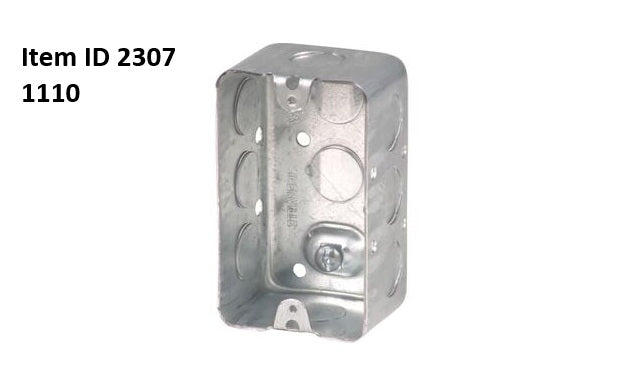 Item ID 2307 , 1110 Utility Box, Gangable, 1 Gang, Steel, (10) 1/2 in. KOs, 4 x 2-3/8 x 1-1/2 in., 16.5 cu.in.