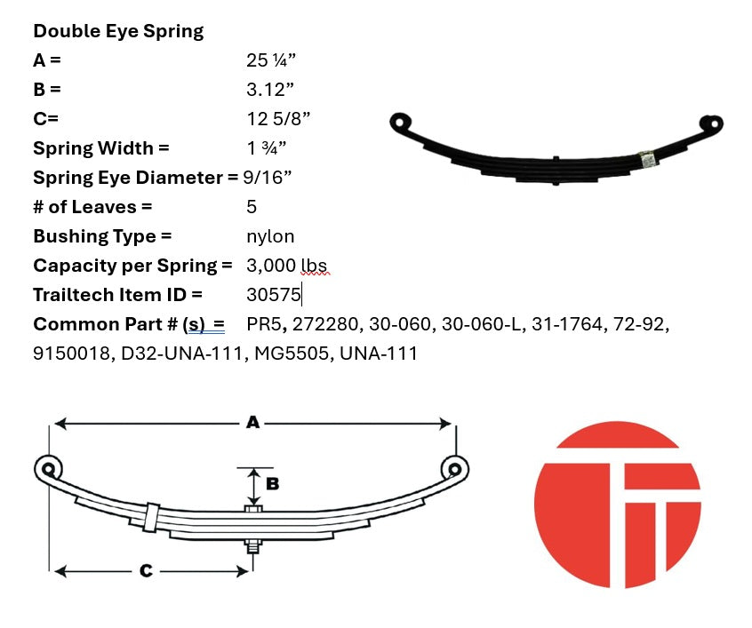Item ID 30575 , 072-092-00 SPRING DOUBLE EYE 2900# 25.25 X 1.75 X 5 LEAF 0.5625 EYE