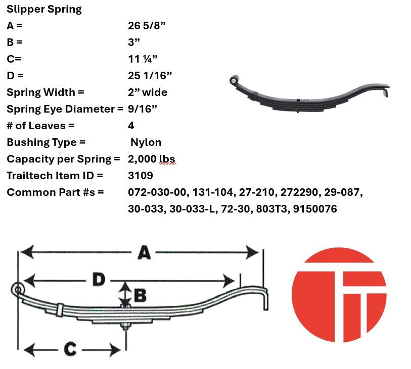 Item ID 3109 , 803T3, 072-030-00 SPRING SLIPPER 2000# 26.125 X 2.0 X 4 LEAF 0.5625 EYE
