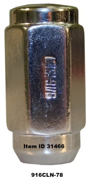 Item ID 31466 , 916CLN-78 Hex Wheel Nut, 60° Cone, 9/16"-18, 7/8" Hex, Acorn Style, 1.88" Long, Chrome