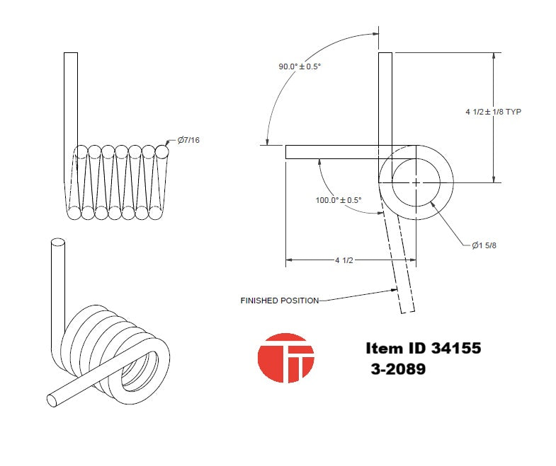 Item ID 34155 , 3-2089 Spring- Drivers Side inside (TD220 - Pass Side ) spring Assisted Ramps - 270 degrees 0.4375