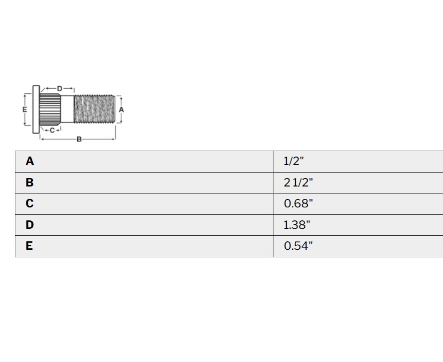 Item ID 3664 , 165995 Drive In Wheel Stud, 1/2"-20 x 2-1/2", Right Hand Thread