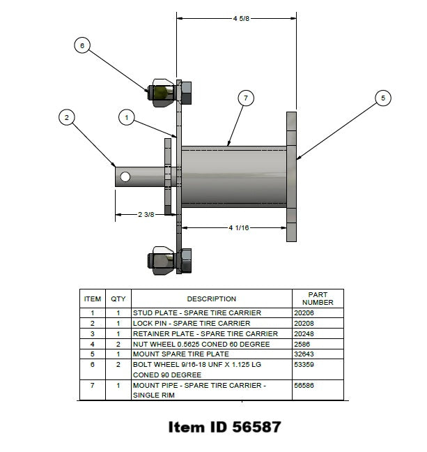 Item ID 56587 , 56587 KIT - SPARE TIRE CARRIER 8 0N 6.5 HIBOY GN  w/ MOUNTING HARDWARE - BLACK