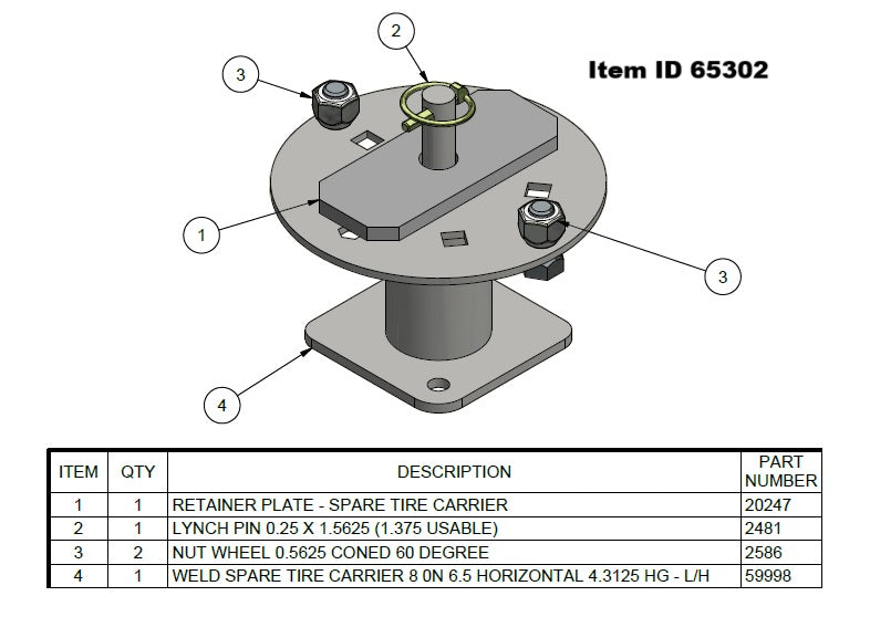Item ID 65302 ,  65302 KIT - SPARE TIRE CARRIER 8 0N 6.5 HIBOY HORIZONTAL 4.3125 HG w/ MOUNTING HARDWARE - BLACK