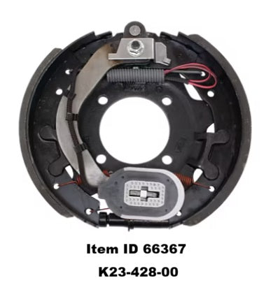 Item ID 66367 , K23-428-00 Dexter 7,200 Lbs Per Pair Capacity (3,600 Lbs Each) 12-1/4" x 2-1/2" Manual Adjust Electric Drum Brake Assembly Complete, Left Side, 4-Bolt Mount, Black Painted Finish