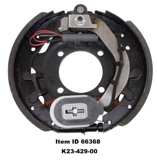 Item ID 66368 , K23-429-00 Dexter 7,200 Lbs Per Pair Capacity (3,600 Lbs Each) 12-1/4" x 2-1/2" Manual Adjust Electric Drum Brake Assembly Complete, Right Side, 4-Bolt Mount, Black Painted Finish