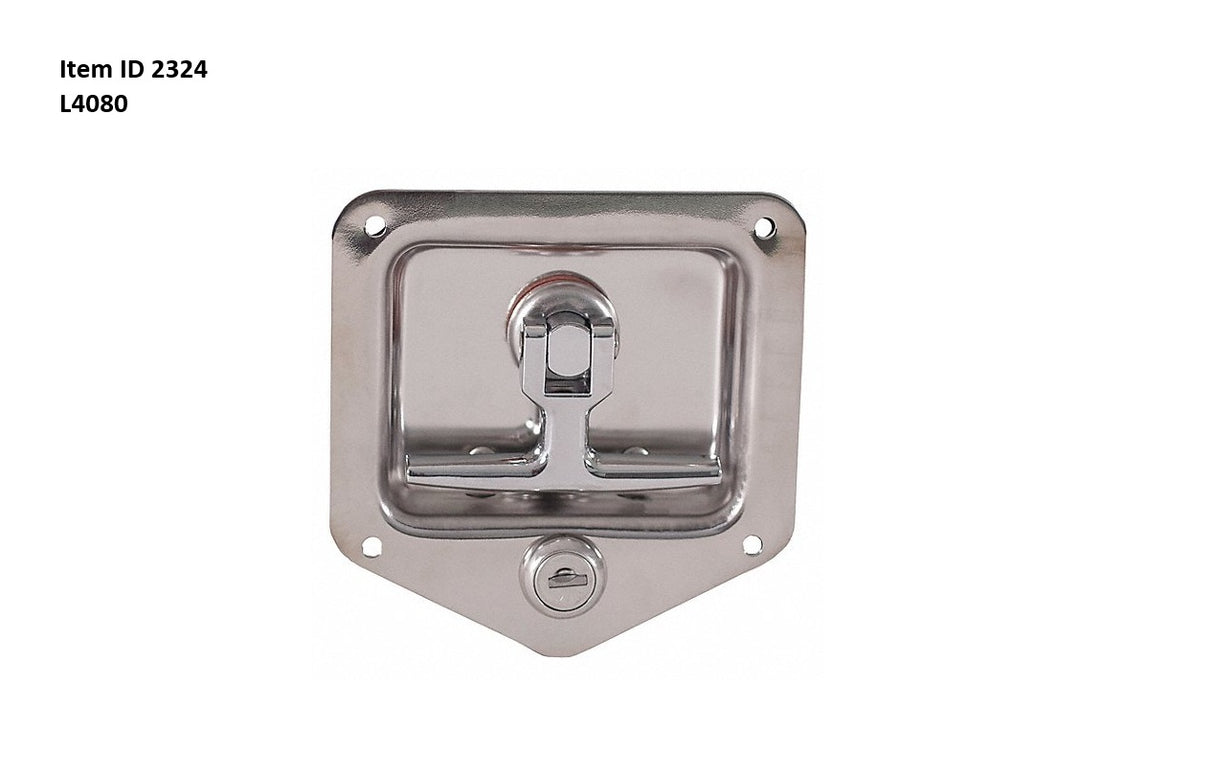 Item ID 2324 , L4080  T HANDLE LATCH, TRUCKS, TRAILERS, 4.75 X 4.88 IN, 1.13 IN, 2.00 IN, 3.88 X 3.25 IN, STAINLESS STEEL